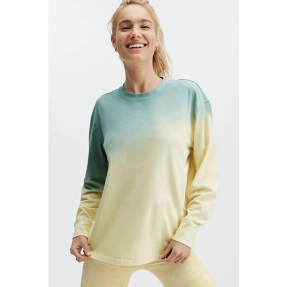 Fabletics Womens T-Shirt M Boyfriend Long Sleeve Tee Dip Dye Seafoam Buttermilk - Picture 1 of 8